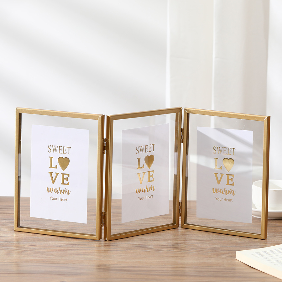 Foldable Metal Triple Photo Frame  Creative Gold And Black Photo