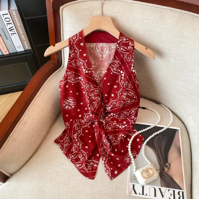 Red Sleeveless Floral Twist Sweet Spicy Waistcoat Top Red - Shop at LoveMi