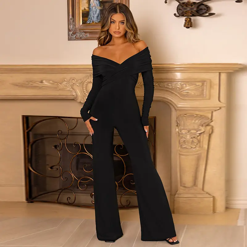 Women's Sexy Fashion Solid Color And V-neck Chest Cross Long Sleeves Jumpsuit
