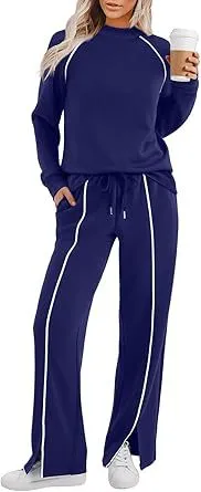 Round Neck Long Sleeve Stretch Leg Slit Casual Sweatshirt Outfit - Dark Blue - View 1