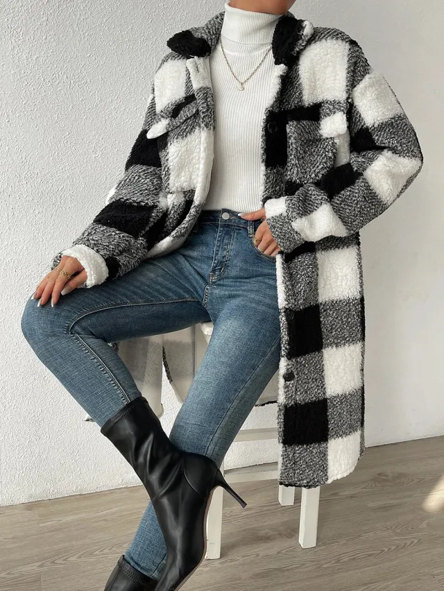Button Lapel Plush Plaid Coat Loose Black - Shop at LoveMi