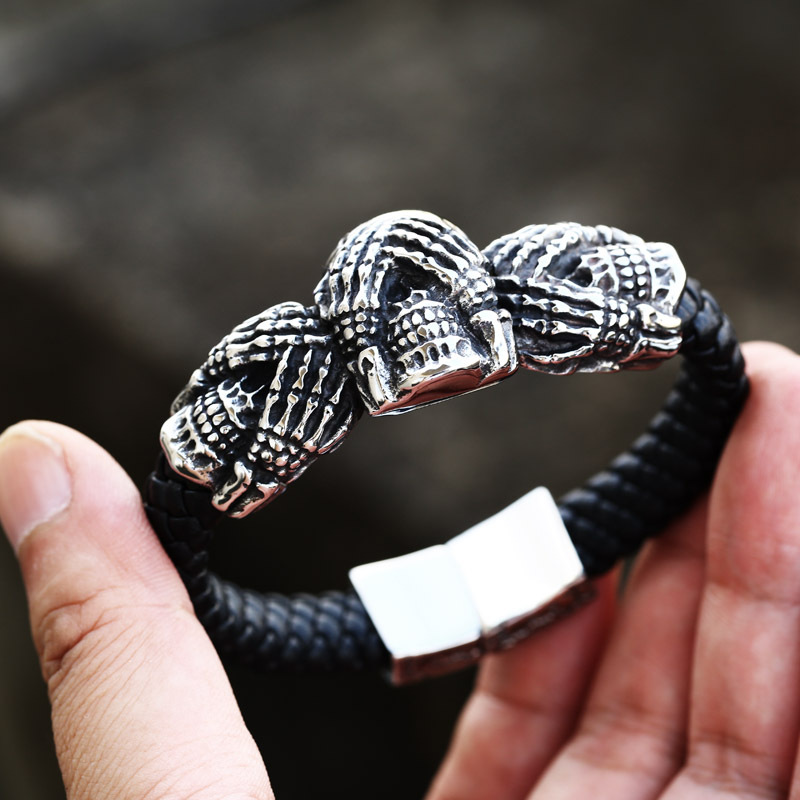 Stainless Steel Skull Leather Bracelet Retro