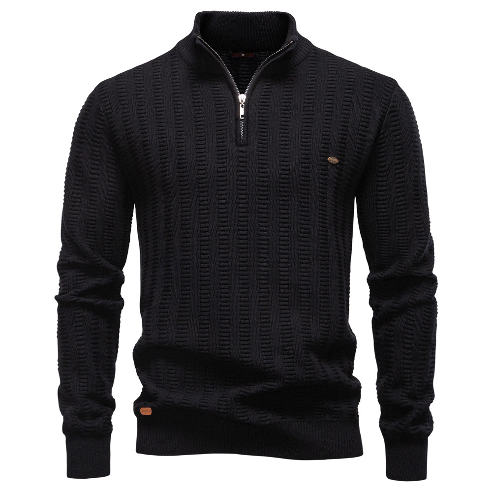Mens Striped Jacquard Sweater With Half Zip And Stand Collar