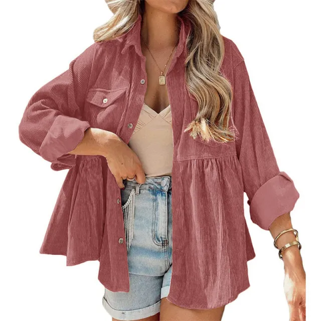 Fashion Corduroy Ruffled Shirt Top For Women Pink - Shop at LoveMi
