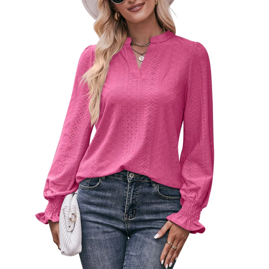 European And American Solid Color T-shirt Hole V-neck - Rose