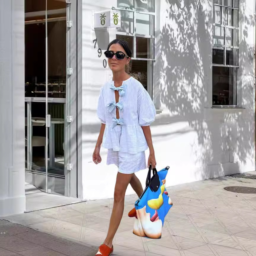 Women's Summer Bow Shirt Shorts Suit