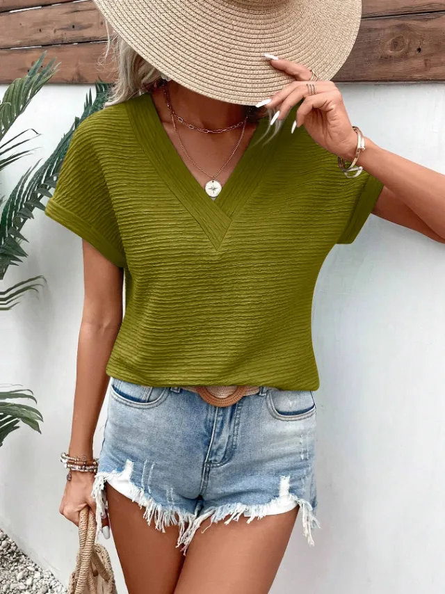 Fashion Loose V neck Short Sleeve T shirt Top Olive - Shop at LoveMi