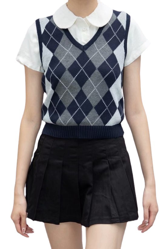 Retro Preppy Style Versatile Diamond-Check BM Knitted Vest