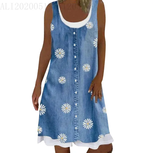 Fake Two Pieces Denim Printing Casual Dress Jlbxqg003 L - Shop at LoveMi