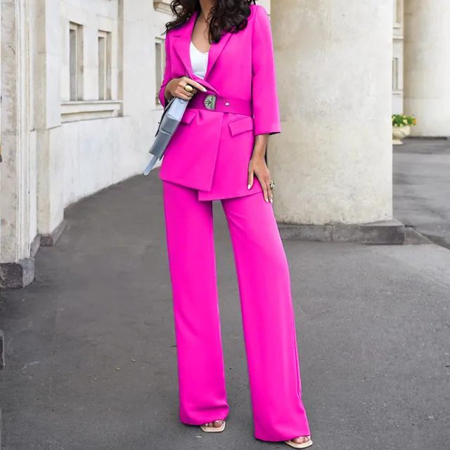 Solid Color Commute Suit Jacket High Waist Suit Pants Two piece Suit Rose Red - Shop at LoveMi