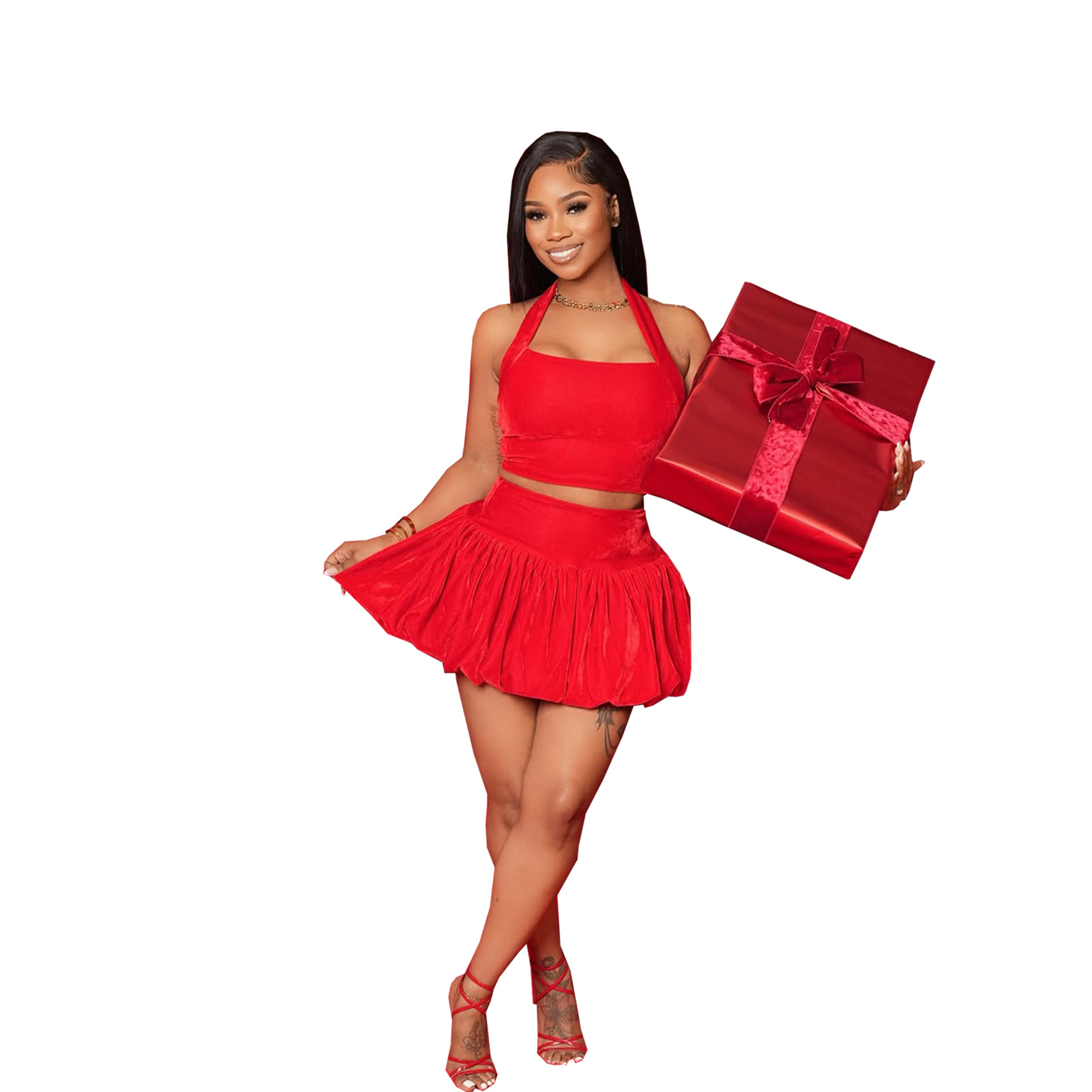 European And American Sexy Halter Backless Top High Waist Pure Color Bubble Skirt Red - Shop at LoveMi