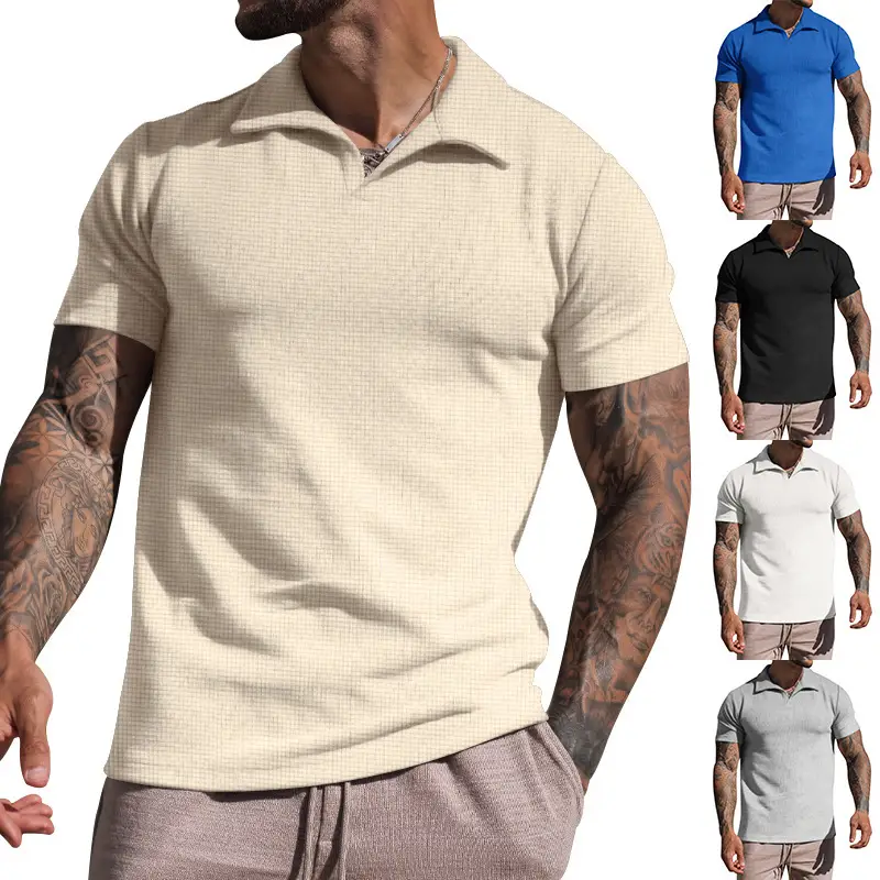 Solid-color Casual V-neck Mens Polo Shirt