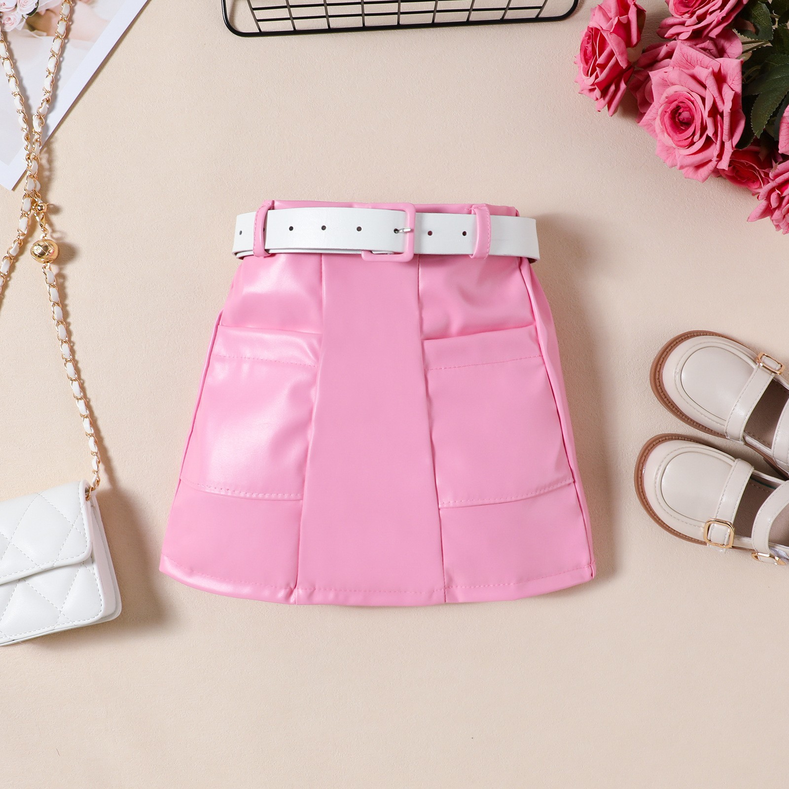 Little Girls Puff-Sleeve Top Solid-Color PU Leather Skirt And Belt Set