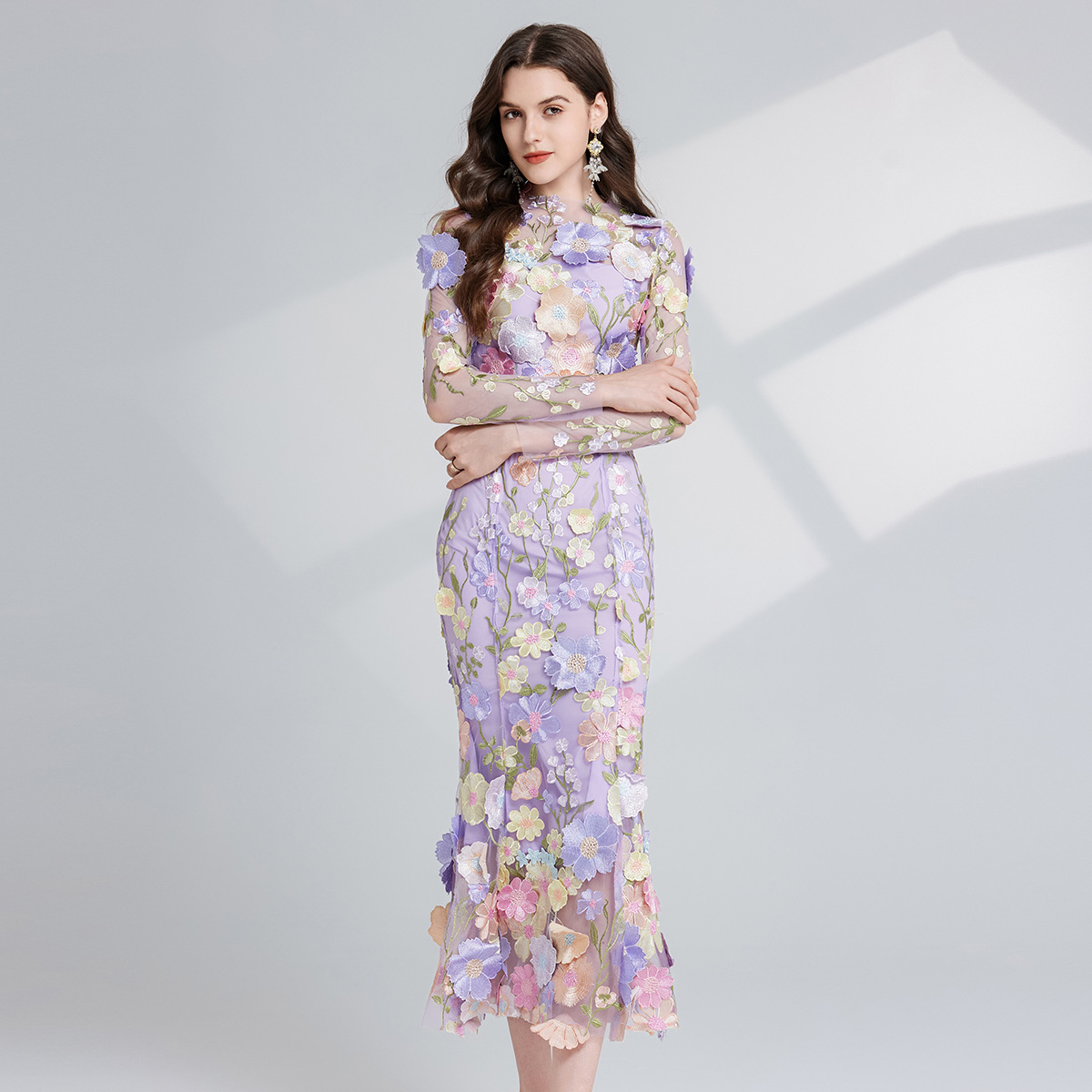 Dress Elegant Embroidered 3D Flower Design, Defined Waistline Long Sleeves