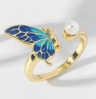 Fashionable High end Adjustable Butterfly Pearl Ring Imitation Gold - Shop at LoveMi