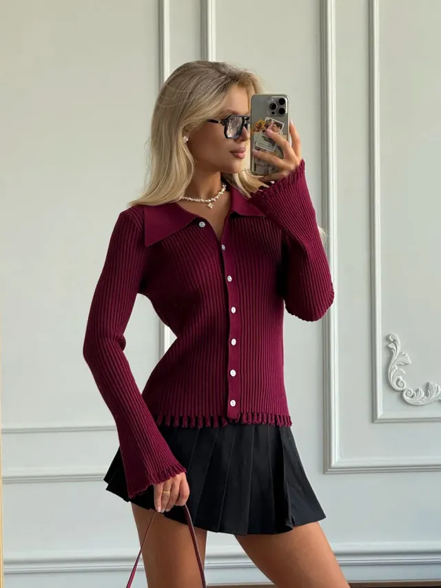 Button front Long sleeve Fringed Knit Sweater For Women Wine Red - Shop at LoveMi