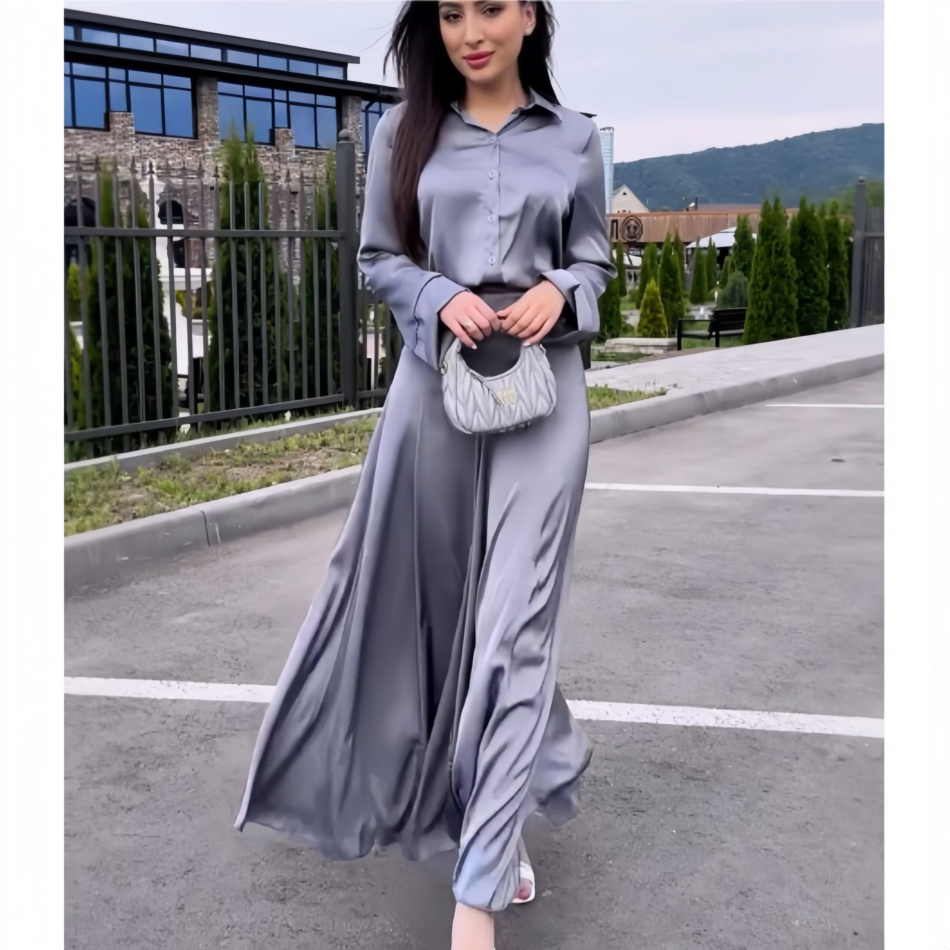 Soft Satin Stylish Temperament Long Sleeves Shirt Skirt Two-piece Set
