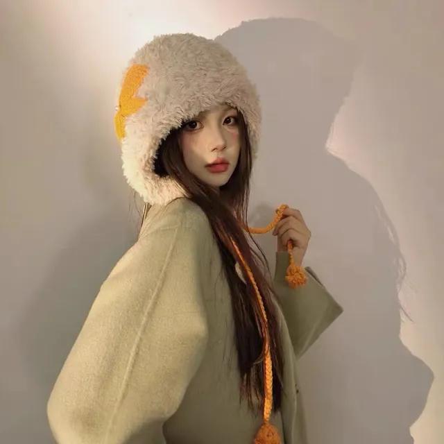 Womens Hand Crocheted Pom Pom Hat With Bowknot Warm Beige - Shop at LoveMi