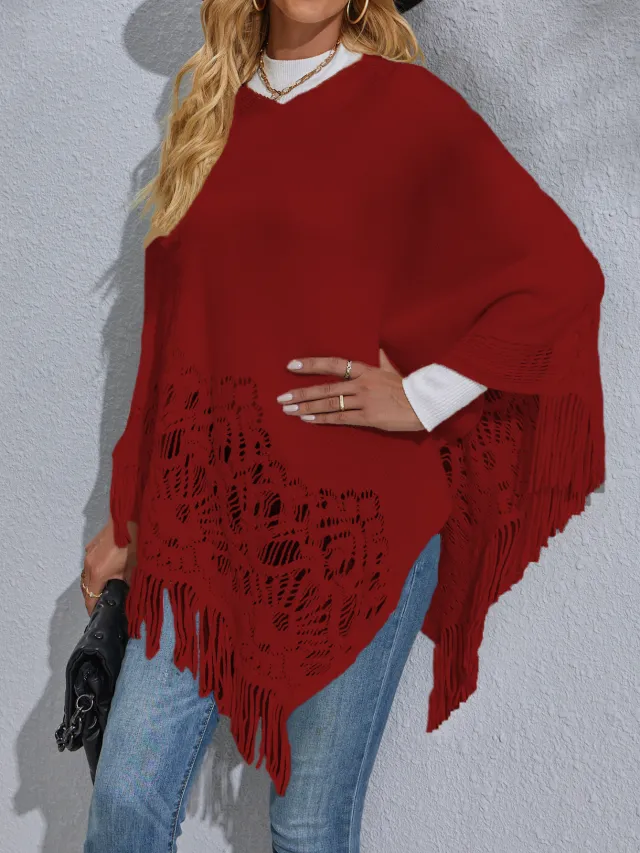 Women's Mid length Lace Tassel Shawl Sweater Red - Shop at LoveMi