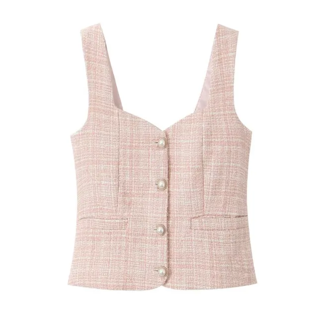 Vest Fastener Decoration Mid length Dress Set Women Pink Vest - Shop at LoveMi