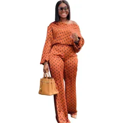 Polka Dot Printed Long-sleeved Trousers Casual Fashion Loose Shoulder Suit - Orange - View 1