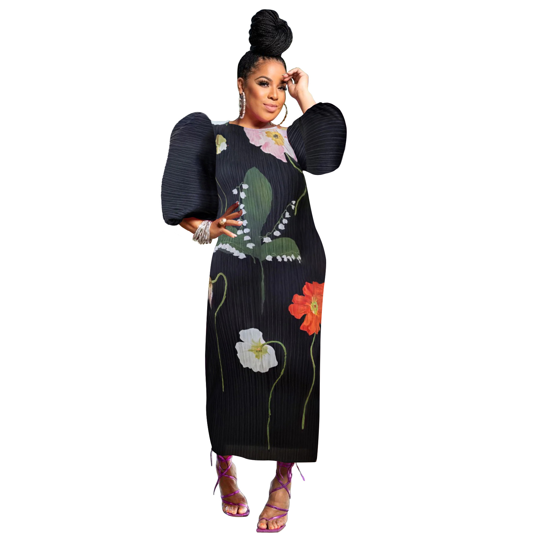 Lantern sleeve Pleated Dress Flower Free Size - Shop at LoveMi