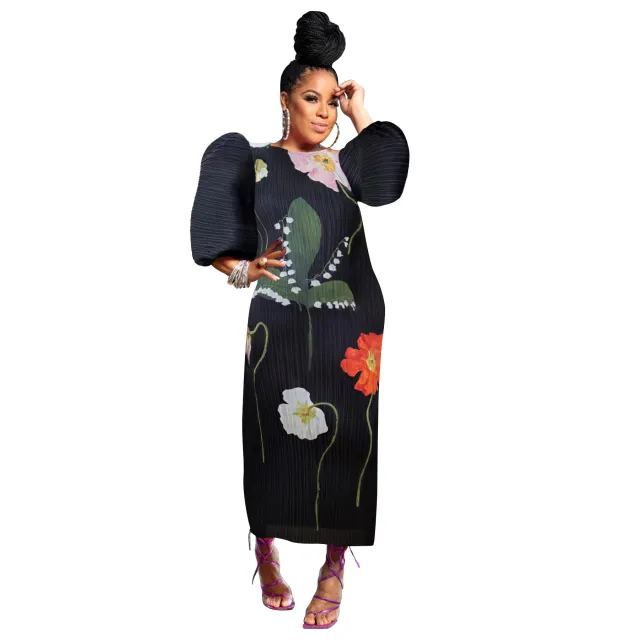 Lantern sleeve Pleated Dress Flower Free Size - Shop at LoveMi