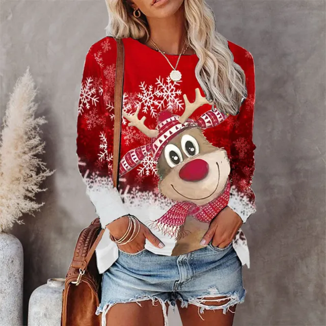Round Neck Christmas T shirt Printed Long Sleeve Top Red Deer - Shop at LoveMi