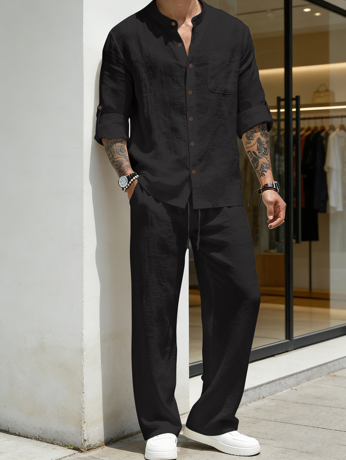 Mens Solid-Color Linen Long-Sleeve Shirt And Pants Two-Piece Set 4