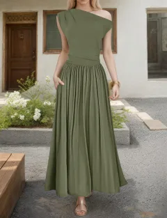 Women's Solid-colour Off-shoulder Dress With Pockets - Army Green - View 1