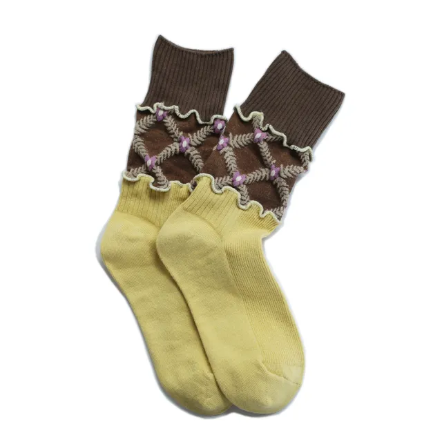 Floral Three dimensional Relief Stitching Mixed Material Retro Spring Ladies Loose Socks Coffee Screw Type - Shop at LoveMi