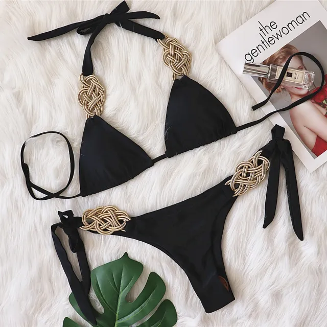 Solid Color Split Swimsuit Sexy Hand woven Black - Shop at LoveMi