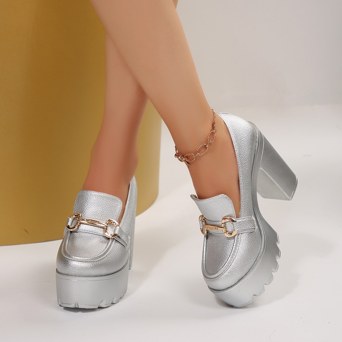 Metallic Block-Heel High Heels
