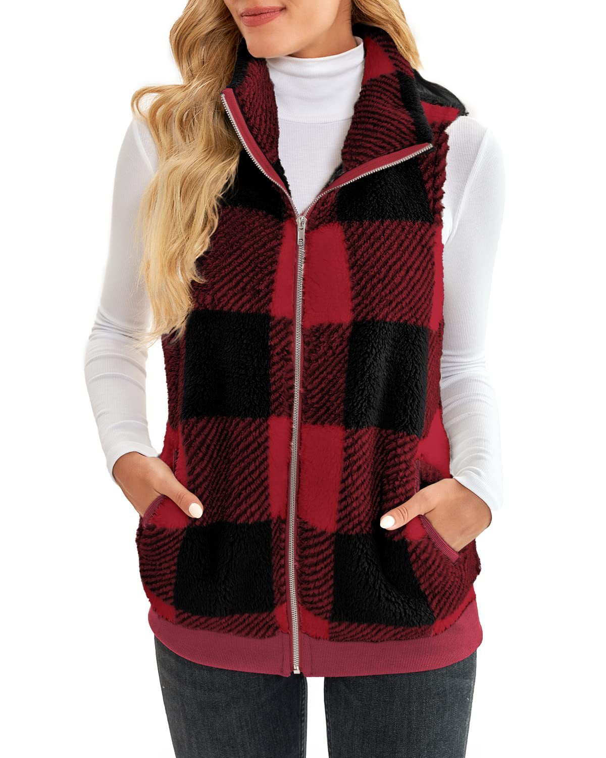 Thick Checks Double sided Velvet Cardigan Vest Stand Collar Sleeveless Coat Wine - Shop at LoveMi
