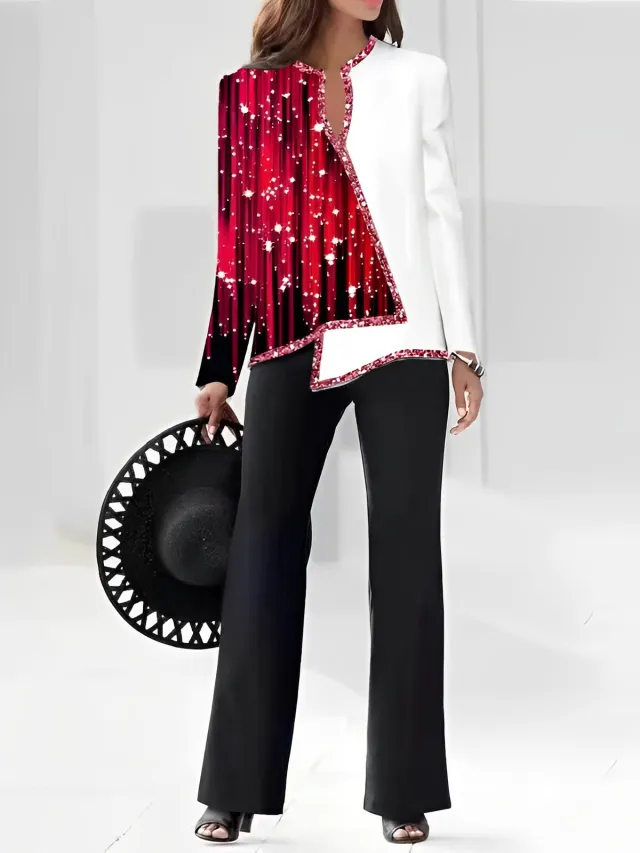 Women's Fashion 3D Digital Printing Shirt And Trousers Suit Red - Shop at LoveMi