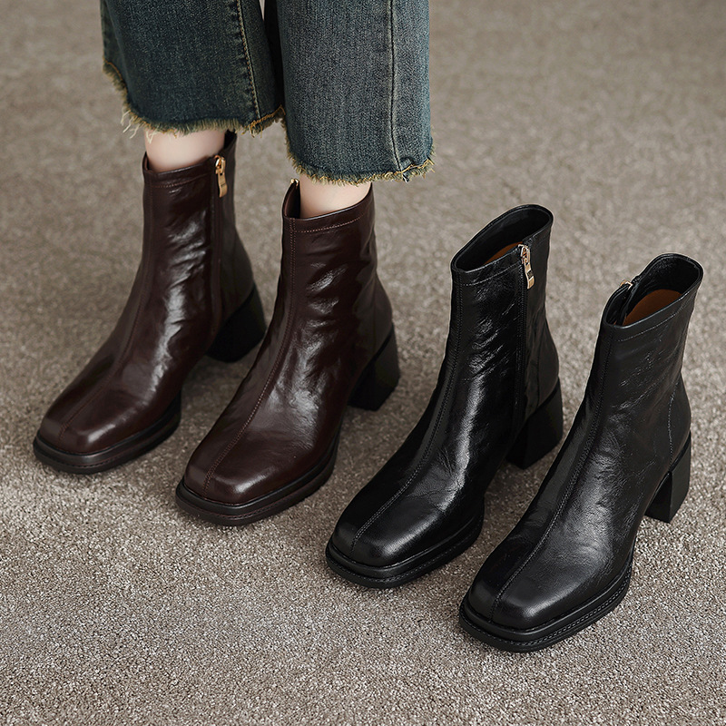 Genuine Sheepskin Womens Chunky Heel Square Toe Ankle Boots