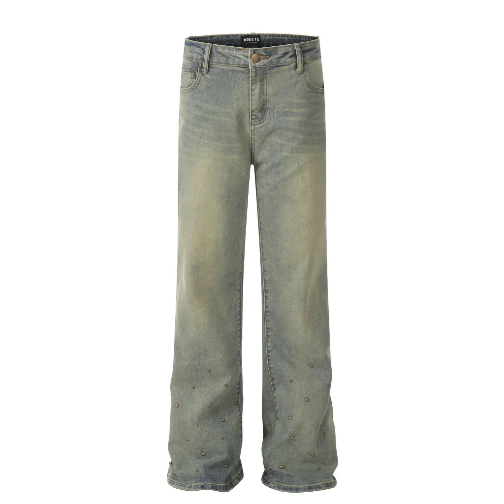 Distressed Design Washed Rivet Jeans - Distressed Blue