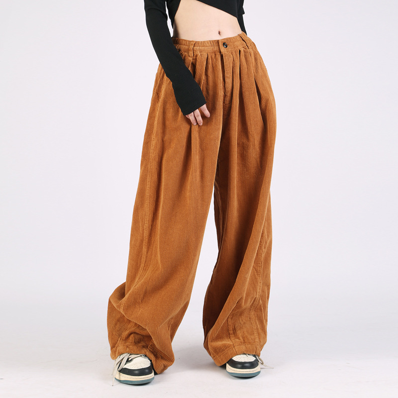 Womens Retro Loose Wide-Leg Corduroy Workwear Casual Pants