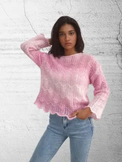 European And American Long Sleeve Round Neck Mohair Gradient Rainbow Sweater - Pink - View 1