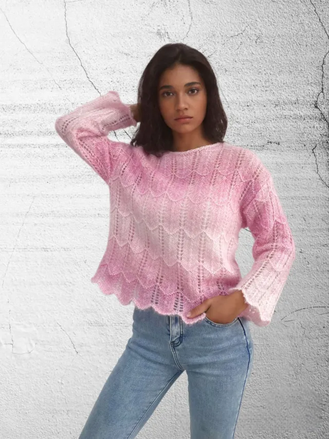 European And American Long Sleeve Round Neck Mohair Gradient Rainbow Sweater Pink - Shop at LoveMi