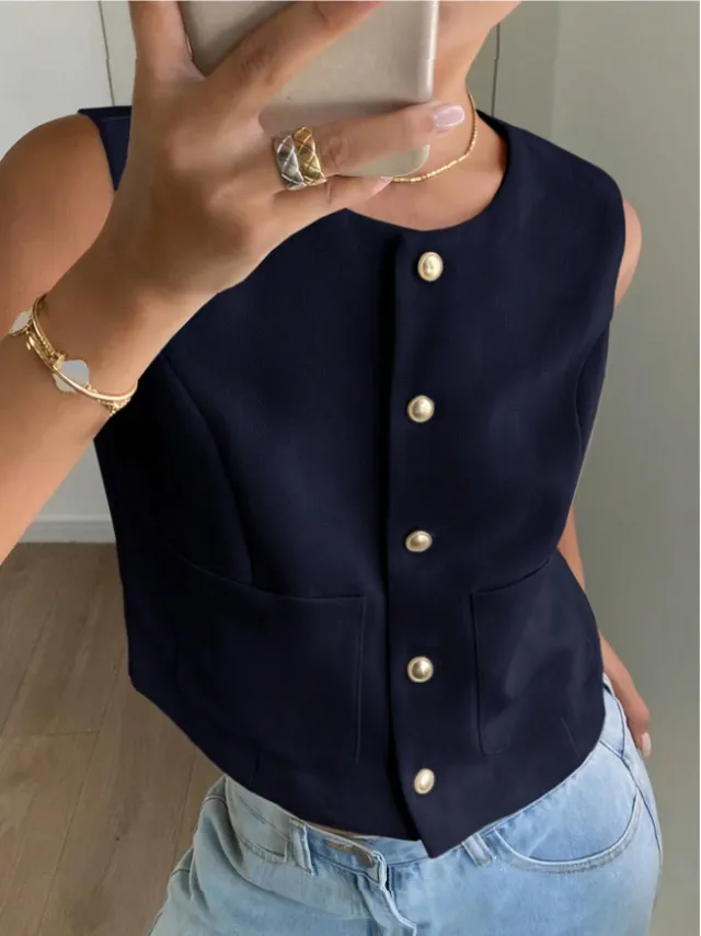 Button Sleeveless Waistcoat Top Summer Short Blue - Shop at LoveMi
