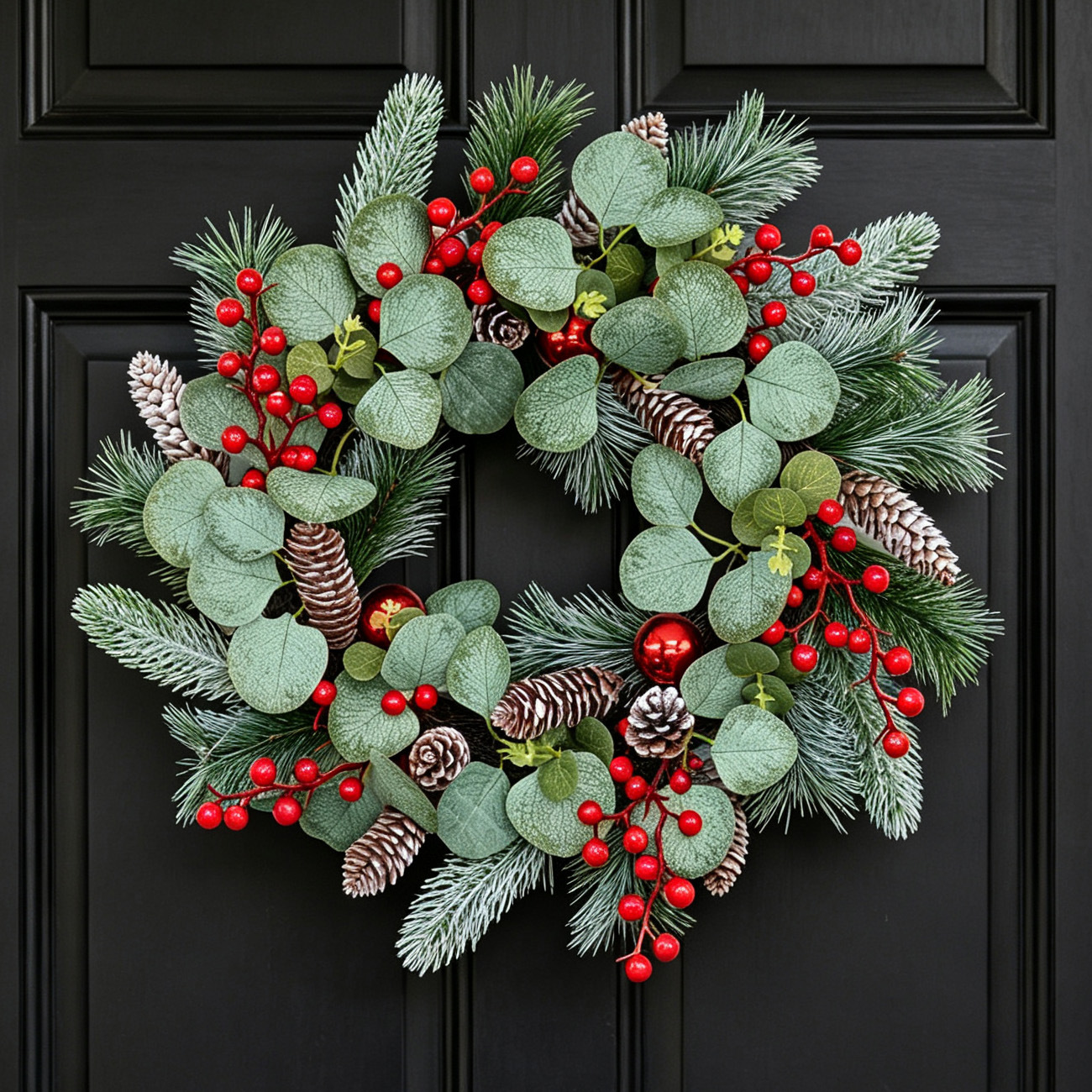 Artificial Eucalyptus Wreath with Red Berries - Christmas Home Wall Hanging Decoration Garland