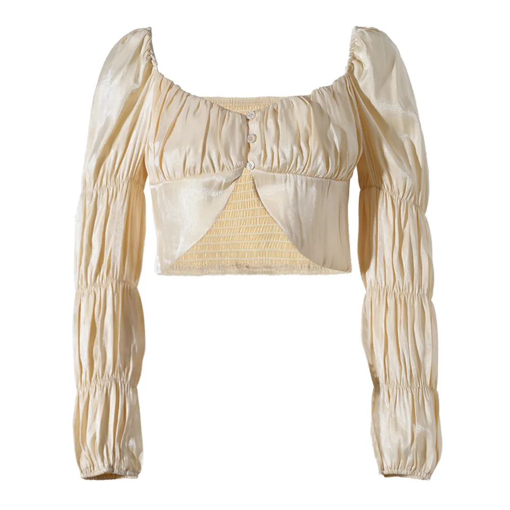 Women's Lantern-sleeve Square-neck Cropped Top - Champagne-S