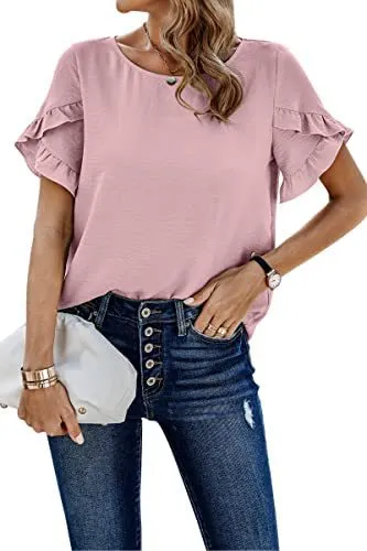 Casual Pleated Short Sleeves Summer Loose Shirt Solid Color Round Neck Shirt Waist Top Lotus Root - Shop at LoveMi