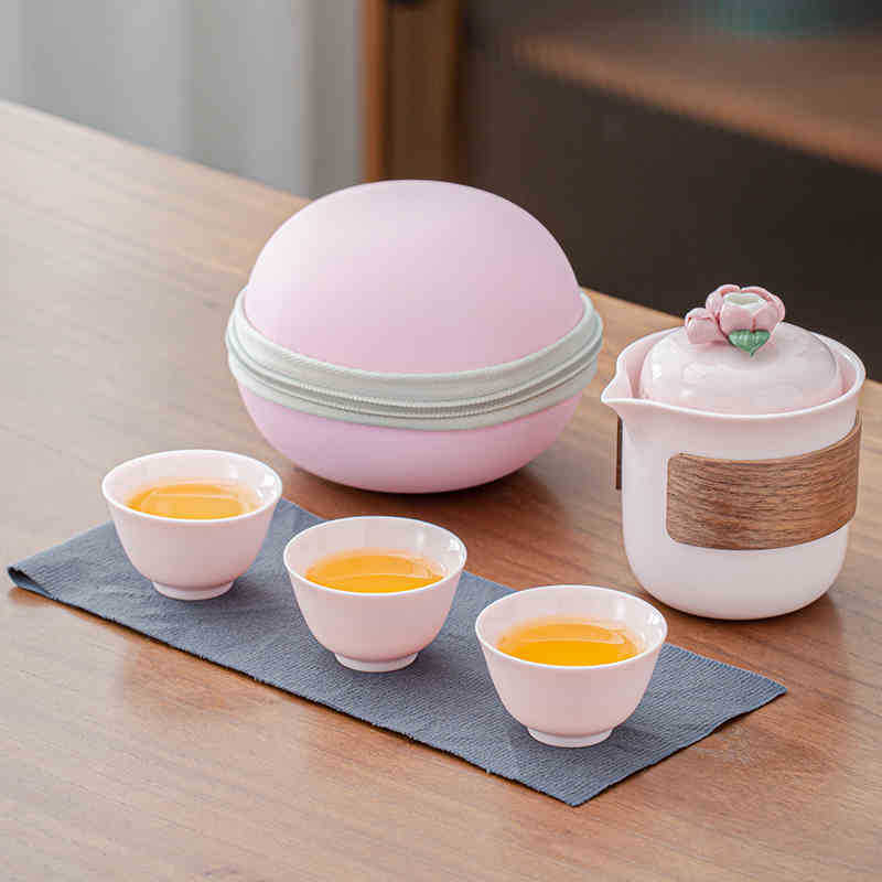 White Porcelain Pinch Flower One Pot Fills Three Cups Outdoor Camping Tea Anti-scald Pot Portable Travel Tea Set