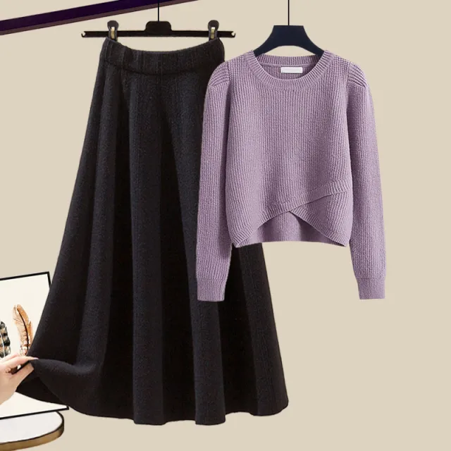 Irregular Gentle Style Knitted Sweater Skirt Suit Purple Top And Black Skirt - Shop at LoveMi