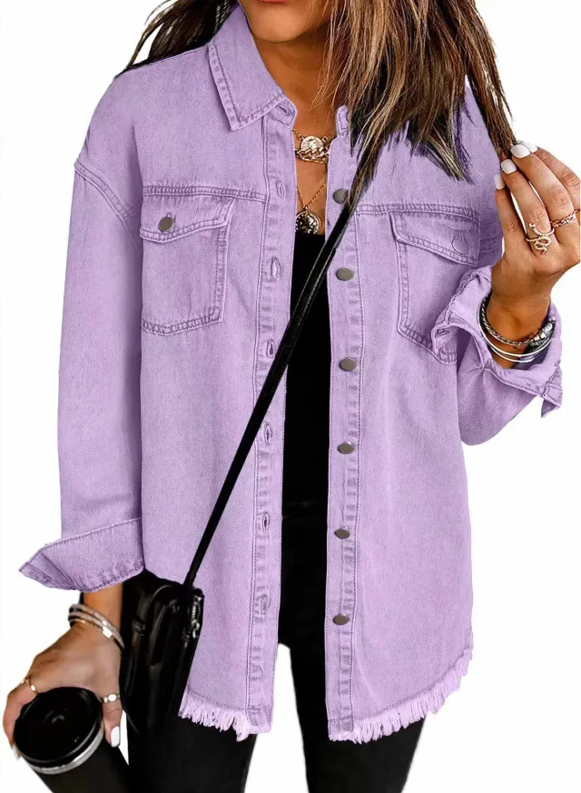 Washed Denim Shirt Women's Personalized Street Style Frayed Hem Coat Purple - Shop at LoveMi
