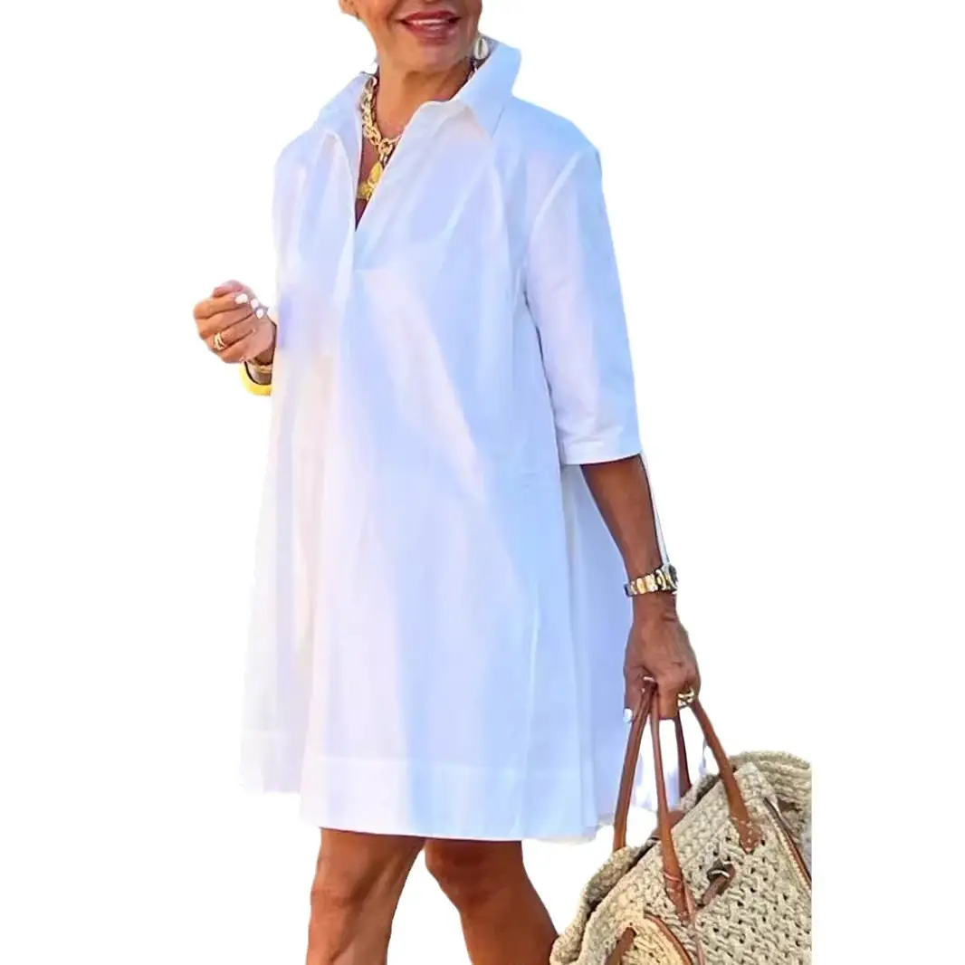 Loose-fitting White A-line Shirt With Three-quarter Sleeves