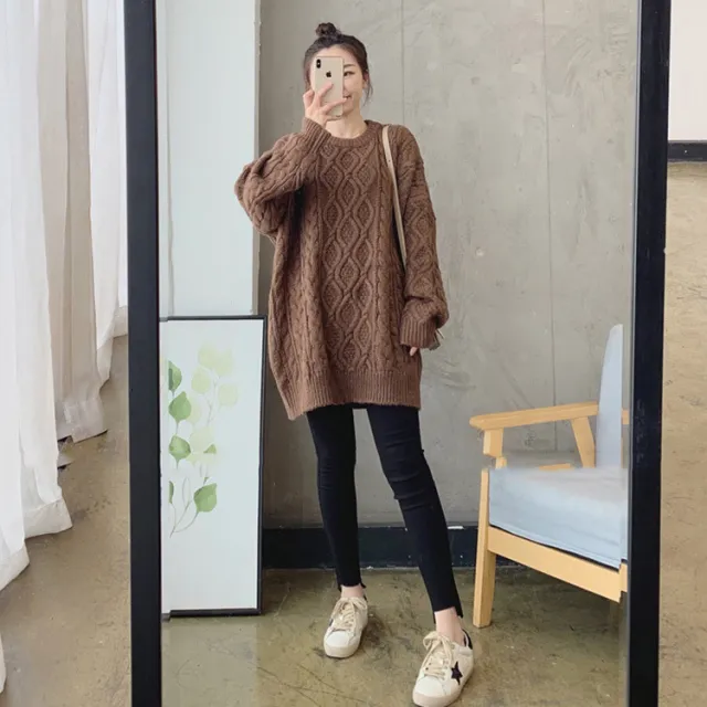 Girls' Mid length Thickened Sweater Korean Style Lazy Style Loose Pullover Solid Color Crew Neck Coat Brown - Shop at LoveMi