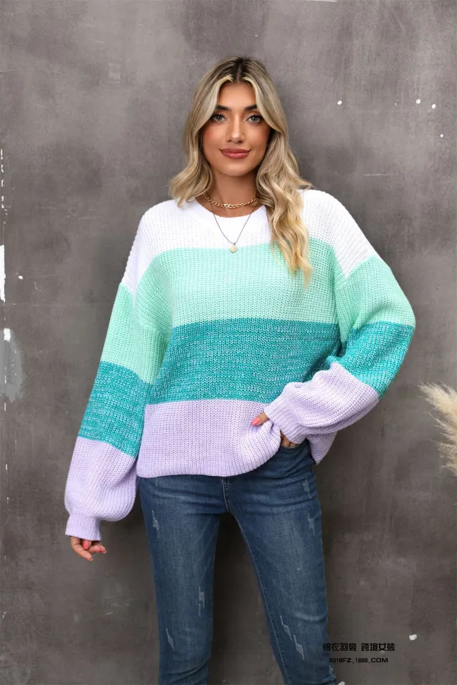Stitching Contrast Color Large Size Loose Pullover Sweater Purple - Shop at LoveMi